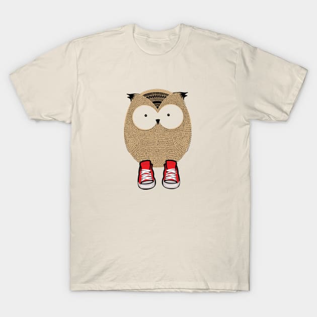 "Owl in Red Sneakers" Soft Cotton T-Shirt by LGull2018